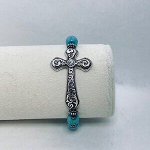 Silver Tone Faux Turquoise Beads & Clear Rhinestone Cross Stretch Bracelet (5496